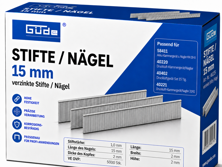 Güde Stifte und Nägel 15 mm, verzinkt, 5000 Stück, für Güde Akku-Klammergerät und Druckluft-Nagler.