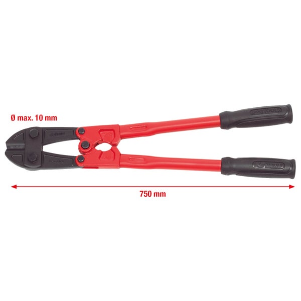 Bolzenschneider mit einer Länge von 750 mm und einer maximalen Schneidleistung von 10 mm Durchmesser.