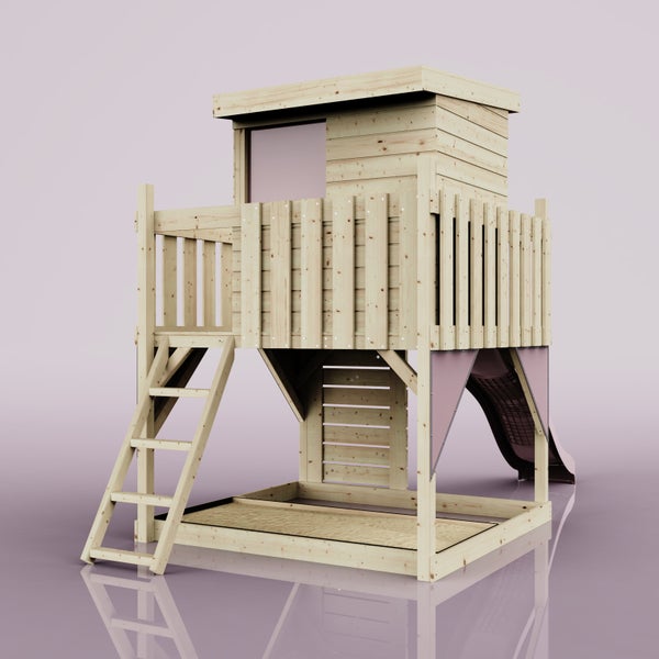 Spielturm aus Holz mit Rutsche, Leiter und integriertem Sandkasten.