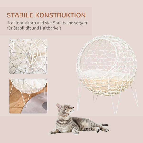 PawHut Katzenbett aus Rattan, Ø45 x 57H cm, PE-Rattan, Cremeweiß