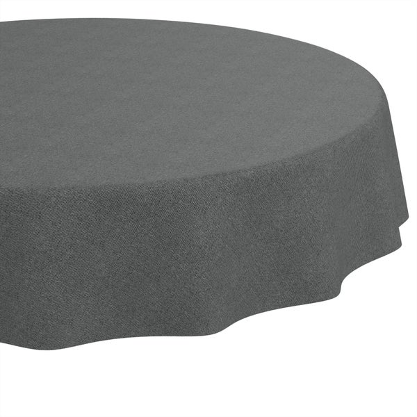 Runde Tischdecke aus grauem Stoff mit strukturierter Oberfläche.