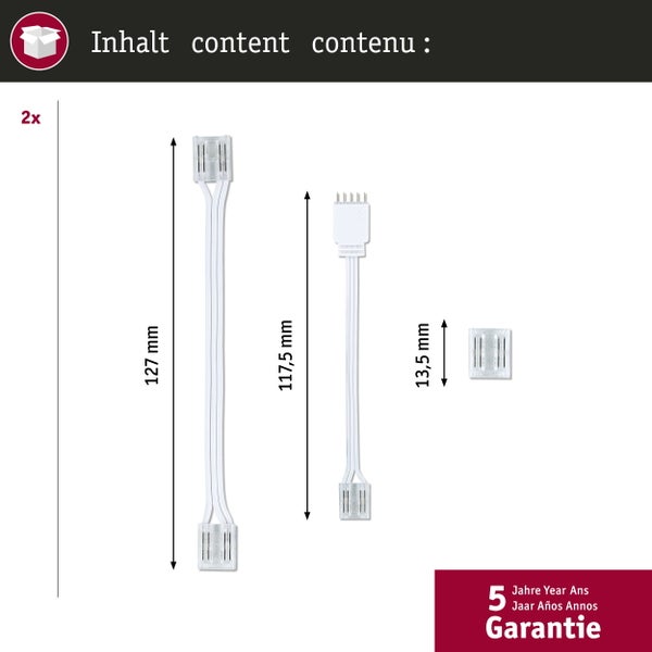 Zwei Sets LED-Zubehör: 127 Millimeter Verbindungskabel, 117,5 Millimeter Adapterkabel, 13,5 Millimeter Verbinder. Fünf Jahre Garantie.