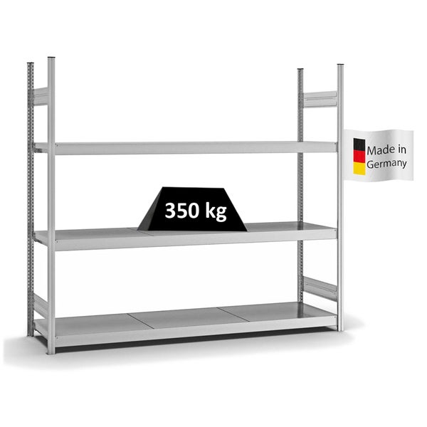 PROREGAL Weitspannregal Stecksystem T-Profil Grundregal HxBxT 200x225x50 cm 3 Ebenen Stahlplatten Fachboden Fachlast 350 kg Verzinkt