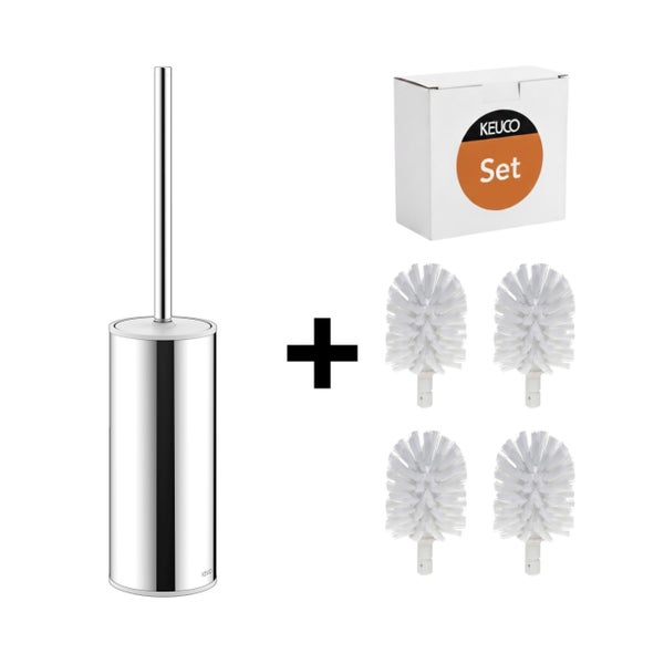 Keuco Toilettenbürsten Set mit verchromtem Halter, Bürste, vier Ersatzbürstenköpfen und Verpackung.