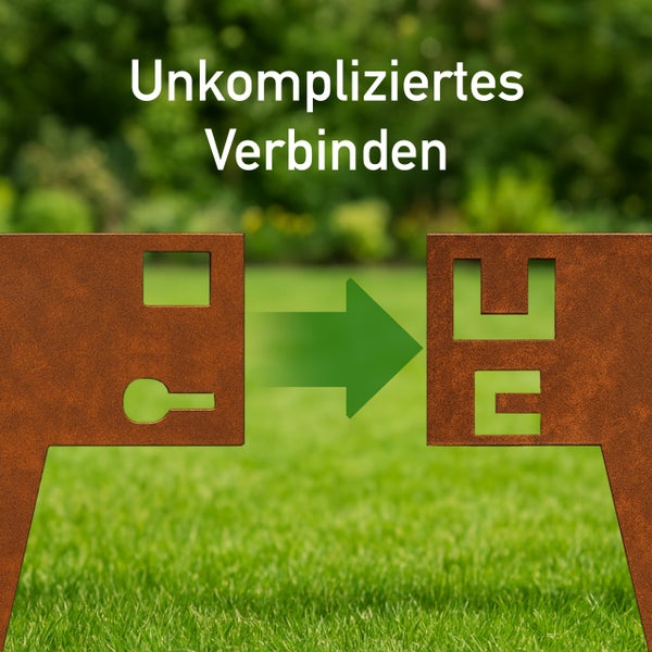 Rasenkante aus Metall in Rostoptik mit einfachem Stecksystem zum unkomplizierten Verbinden der Elemente.