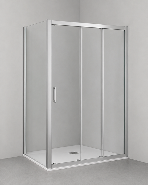 Eckdusche mit Schiebetür aus Sicherheitsglas und Aluminiumprofilen für den Badeinbau