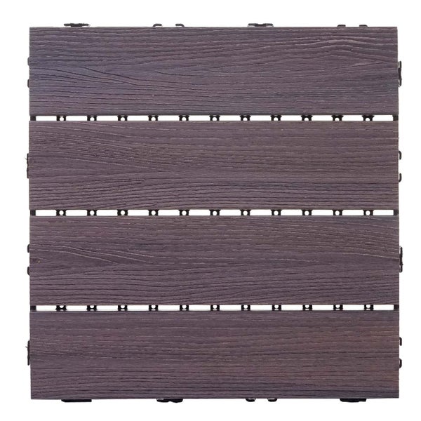 Quadratische Klickfliese aus Holz-Kunststoff-Verbundwerkstoff in Holzoptik mit vier parallel angeordneten Lamellen und strukturierter Oberfläche.