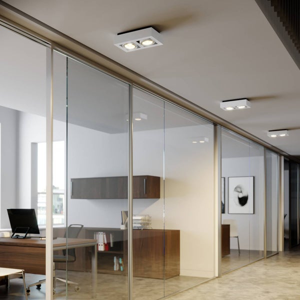 Büroraum mit Glaswänden und quadratischen Deckenleuchten