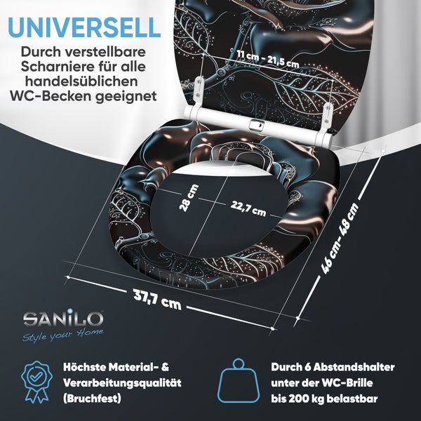 Sanilo WC-Sitz mit florale Dekor und verstellbaren Scharnieren, bruchfest bis 200 Kilogramm belastbar, inklusive Maßangaben.