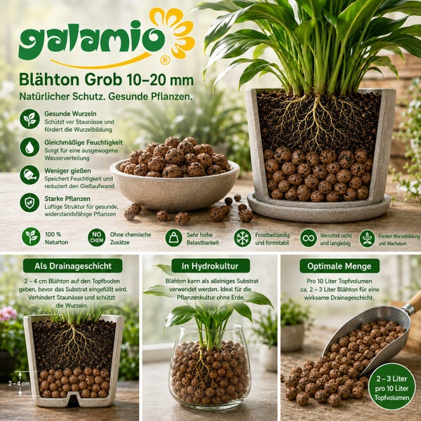 Galamio Blähton grob 10 bis 20 Millimeter als Drainage und Hydrokultur für gesunde Pflanzen mit Anwendungsbeispielen und Vorteilen.