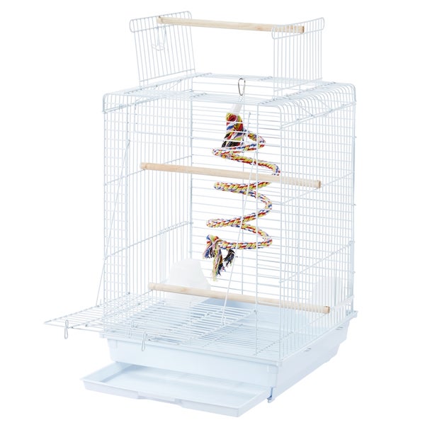 Vogelkäfig aus Metall mit Sitzstangen und Spielzeug