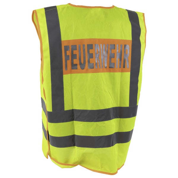 Gelbe Warnweste mit silbernen Reflexstreifen und dem Schriftzug Feuerwehr auf dem Rücken.