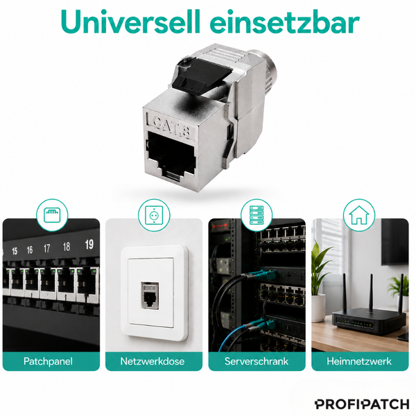 RJ45 Kategorie 8 Keystone Modul aus Metall mit Beispielen für Patchpanel, Netzwerkdose, Serverschrank und Heimnetzwerk. Profipatch Logo.