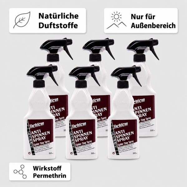 Sechs Flaschen Yachticon Anti Spinnenspray mit Sprühkopf zur Insektenabwehr im Außenbereich mit Wirkstoff Permethrin und natürlichen Duftstoffen.
