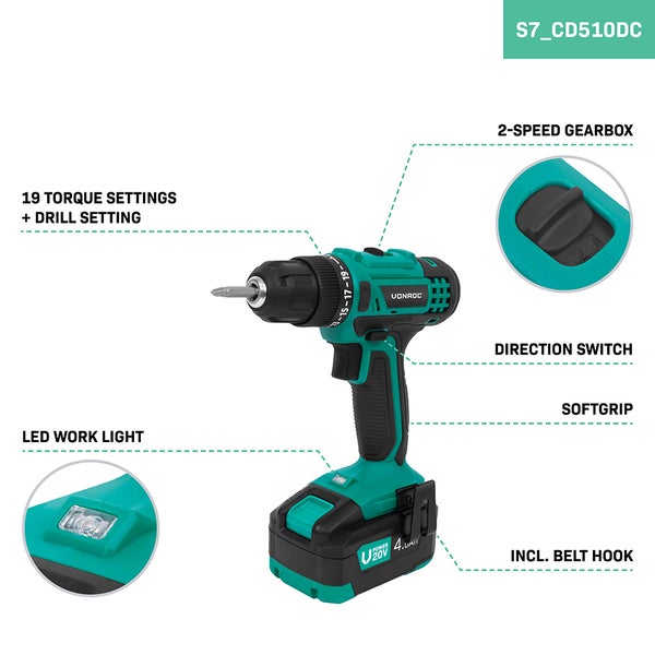 Vonroc Akku-Bohrschrauber 20 Volt mit 19 Drehmomentstufen, Bohrstufe, LED-Arbeitslicht, 2-Gang-Getriebe, Drehrichtungsschalter, Softgrip und Gürtelhaken.