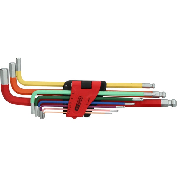KS Tools Winkelschlüsselsatz 9-teilig, farbig codiert, mit Kugelkopf im Halter.