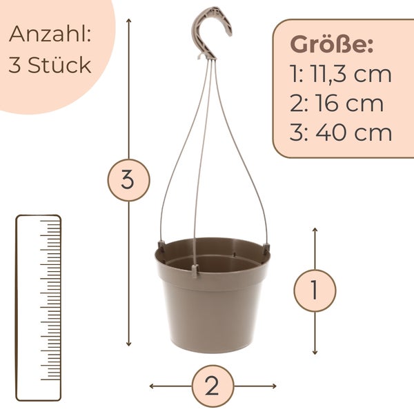 Inklusive Kunststoffhaken zum Aufhängen von Blumenampeln an einem Pflanztopf.