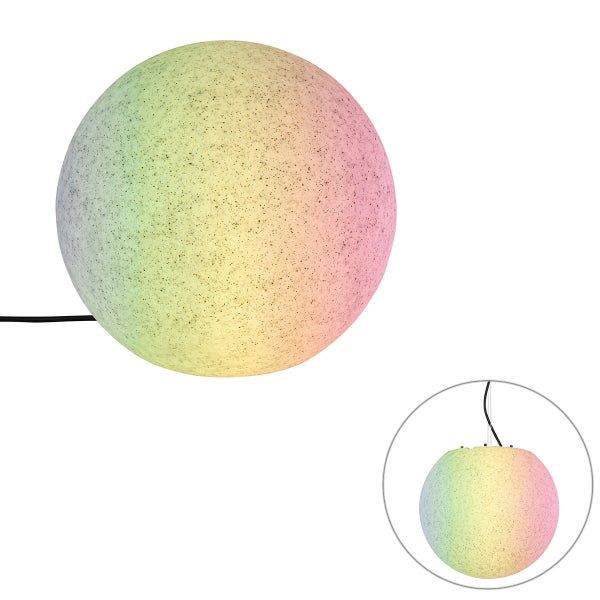 Kugelleuchte in Granit-Optik mit Farbwechsel, nutzbar als Bodenleuchte oder Pendelleuchte.