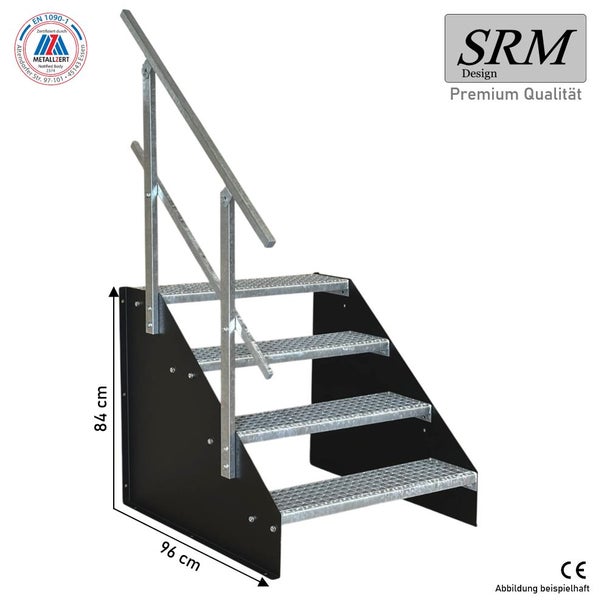SRM Design Logo, Wangen-Treppe aus Metall mit 4 Gitterroststufen, Höhe 84 Zentimeter, Tiefe 96 Zentimeter, EN 1090-1 zertifiziert, CE Kennzeichnung.