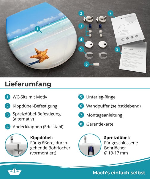 Calmwaters® WC Sitz Motiv Seestern einfache Montage, Toilettendeckel bis 250 kg, Made in EU, antibakterieller Duroplast, Absenkautomatik, 2 Montage Optionen, abnehmbar, Klobrille, oval