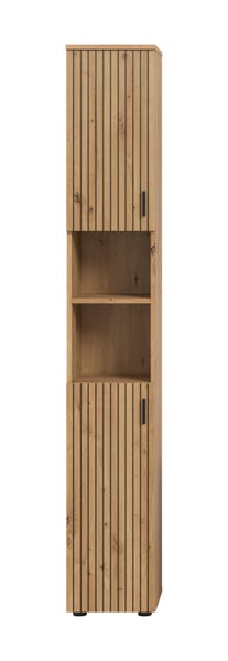 Badezimmer-Hochschrank in Eichenoptik mit zwei Türen, schwarzen Leisten und zwei offenen Regalfächern in der Mitte.