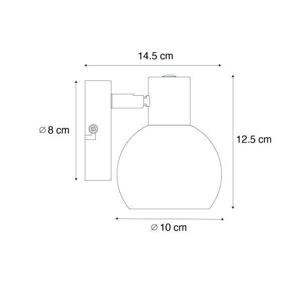 Technische Zeichnung einer Wandleuchte mit den Maßen 14,5 cm Breite, 12,5 cm Höhe und einem Durchmesser von 8 cm an der Wandhalterung und 10 cm am Lampenschirm.