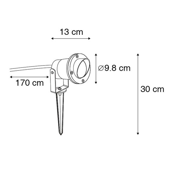 Gartenstrahler mit Erdspieß: Höhe 30 Zentimeter, Kopflänge 13 Zentimeter, Durchmesser 9,8 Zentimeter, Kabellänge 170 Zentimeter.
