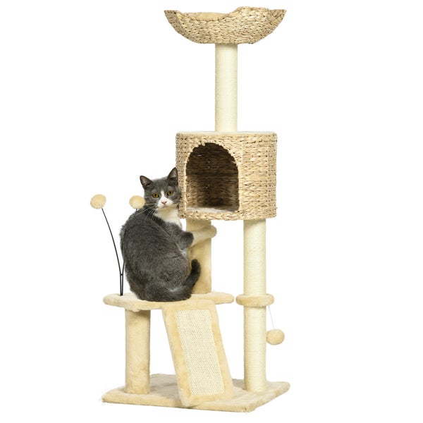 PawHut Katzen Kratzbaum 116 cm Katzenbaum mit Katzenhöhle, Katzenbett, Indoor Kletterturm mit Spielball, Kratzbrett, Plüsch Kratzmöbel für Katzen bis 5 kg, Beige