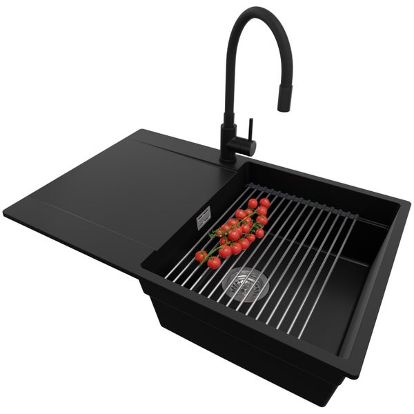 PRIMAGRAN Granitspüle Schwarz 78x50cm, Spülbecken 1 Becken + Küchenarmatur 40x38cm + Ablauf-Set + Aufrollbare Abtropffläche, Küchenspüle ab 50er Unterschrank - San Francisco