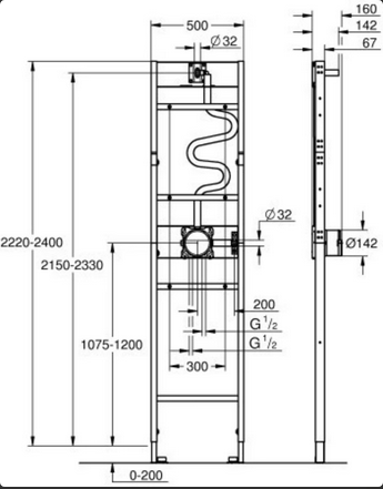 Maßzeichnung eines Sanitärinstallationssystems mit Höhen- und Breitenangaben
