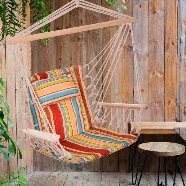 Outsunny Hängesessel Hängeschaukel mit Querstrebe und Kissen Deckenhaken Gestell Hängestuhl bis 100kg belastbar Hängesitz für Indoor Outdoor Garten Terrasse Mehrfarbig