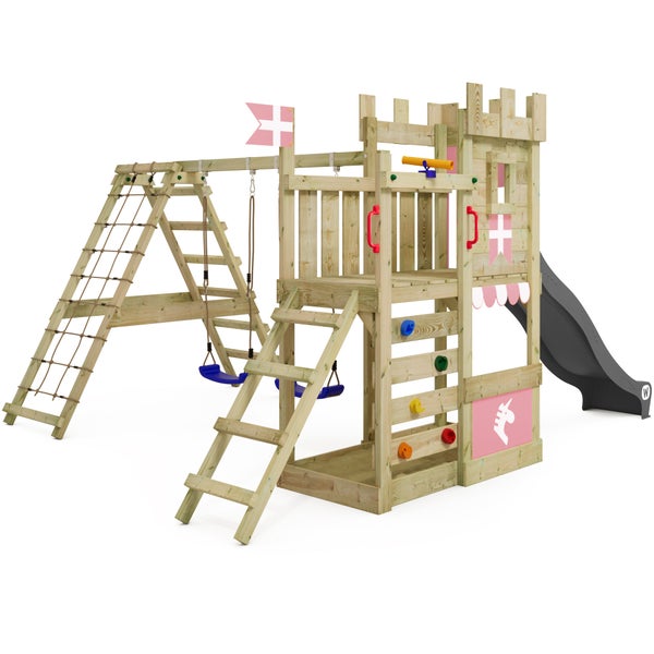 WICKEY Spielturm Ritterburg DragonFlyer mit Schaukel und Rutsche, Spielhaus mit Sandkasten, Kletterleiter und Spiel-Zubehör – anthrazit