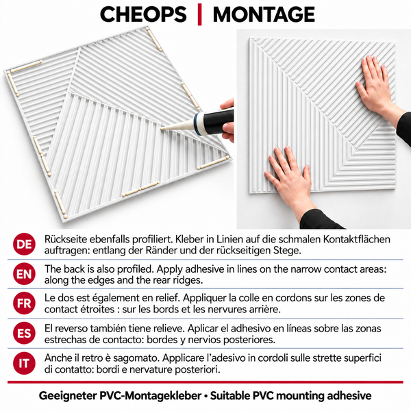 Montageanleitung für Cheops Wandpaneel mit Kleberauftrag auf die Rückseite und Platzierung an der Wand.