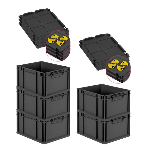 PROREGAL SparSet 5x Eurobox NextGen Grip mit Auflagedeckel inkl. 4 gelben Schiebeschnappverschlüssen, HxBxT 22x30x40cm, 20 Liter, Schwarz, Griffe geschlossen, Eurobehälter, Transportbox, Transportbehälter, Stapelbehälter