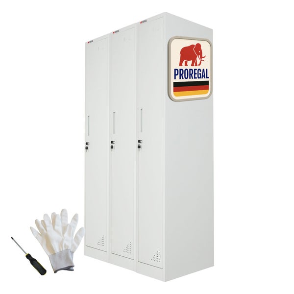 Dreitüriger Stahlspind in Lichtgrau mit Zylinderschlössern, Arbeitshandschuhen, Schraubendreher, Hergestellt in Deutschland Siegel und Proregal Logo.
