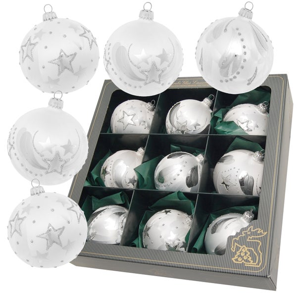 Weiß-Eislack 8cm Glaskugelsortiment 3 verschiedene Dekore, mundgeblasen, handdekoriert, 9 Stck., Weihnachtsbaumkugeln, Christbaumschmuck, Weihnachtsbaumanhänger