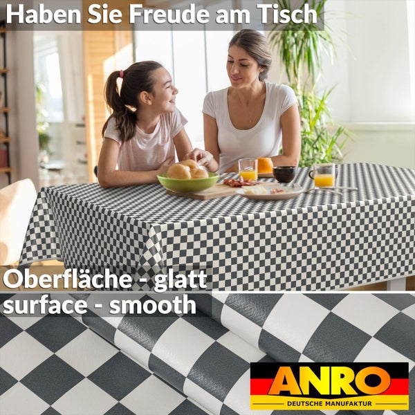Tischdecke mit Schachbrettmuster auf Esstisch, ANRO Logo
