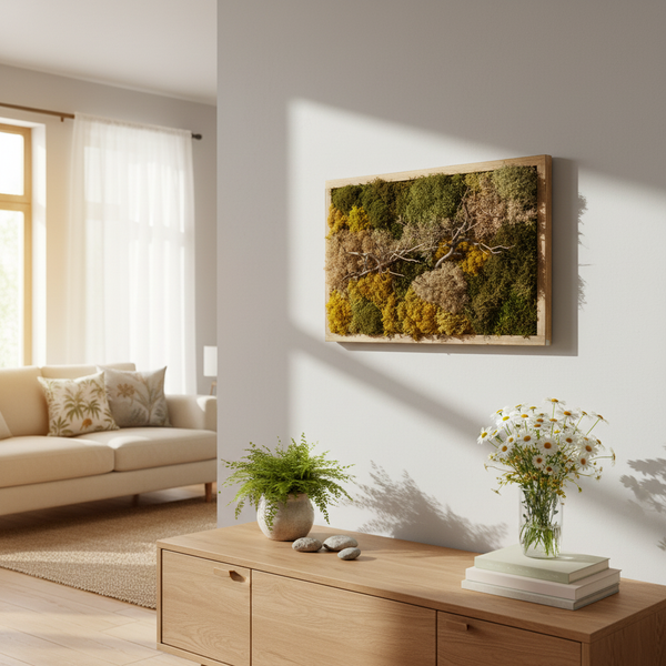 Moosbild in Holzrahmen an einer hellen Wand über einem Sideboard in einem hellen Wohnzimmer.