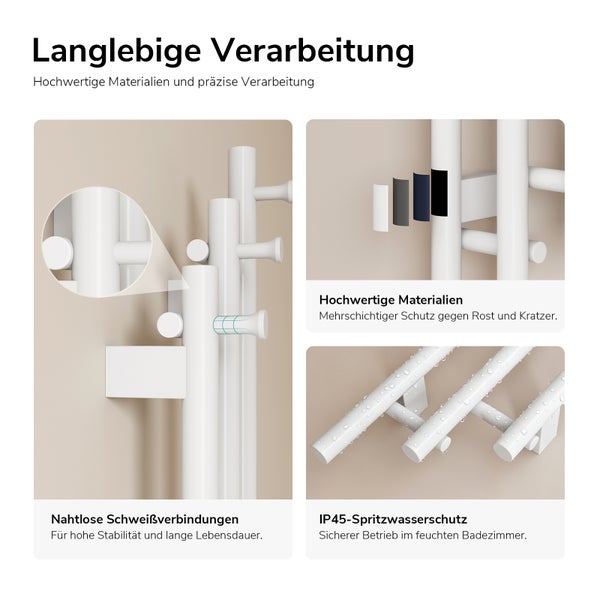 Produktdetails eines Handtuchheizkörpers mit Fokus auf nahtlose Schweißverbindungen, mehrschichtigen Rostschutz und IP45-Spritzwasserschutz.