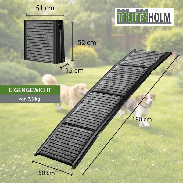 Trutzholm Logo. Klappbare Hunderampe mit rutschfestem Belag. Maße 180 mal 50 Zentimeter, geklappt 51 mal 52 mal 15 Zentimeter. Gewicht 7,3 Kilogramm.