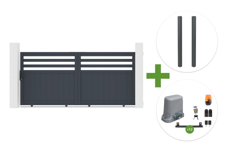 Set bestehend aus einem zweiflügeligen Einfahrtstor, zwei Torpfosten und einem elektrischen Schiebetorantrieb mit Zubehör.