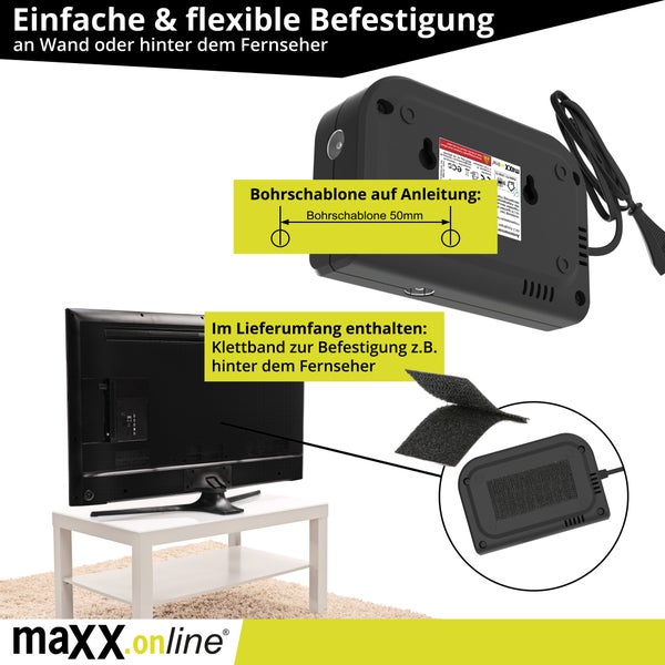 Antennenverstärker mit Befestigungszubehör und Bohrschablone zur Wandmontage hinter einem Fernseher