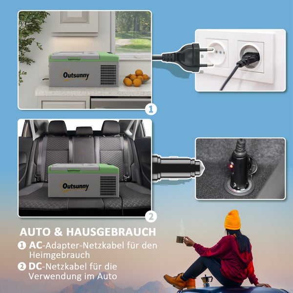 Outsunny Kompressor Kühlbox 16L, Kühlbox Auto 12/24V DC & 100-240V AC, bis -20°C, Tragbare Gefrierbox mit MAX/ECO Modi, Mini Kühlschrank für Camping, Lkw, Boot, RV und Steckdose
