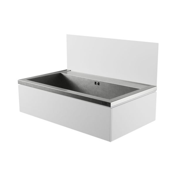 Rechteckiges Waschbecken aus Edelstahl mit weißem Unterschrank und Aufkantung