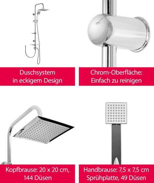 aquaSu® Basic Duschsystem 914 | Ø 7,5 cm Handbrause mit Regenstrahl | Ø 20 x 20 cm Kopfbrause | Anti-Kalk | Wassersparend | 95 cm Duschstange | Metall-Brauseschläuche Typ 1/2  | Chrom | 727914