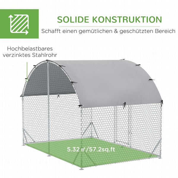 PawHut Hühnerstall Freilaufgehege aus Stahl, 280 x 190 x 197 cm Hühnerkäfig mit UV-beständiger Abdeckung, Tür, Hühnergehege für 4-6 Hühner, Kleintiere, Silber