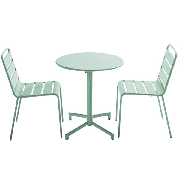 Dreiteiliges Gartenmöbel-Set aus Metall mit einem runden Tisch und zwei Stühlen in Hellgrün.