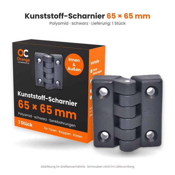 Kunststoff Scharnier aus Polyamid in 65 mal 65 Millimeter mit Senkbohrungen für Türen Klappen und Kisten