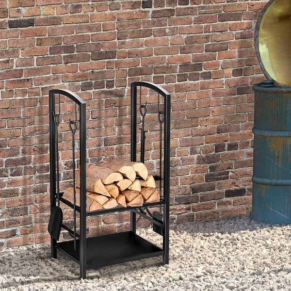 Outsunny Kaminholzständer, 2 Schichte Kaminwerkzeug, 40x30x74,5cm, Stahl, Schwarz