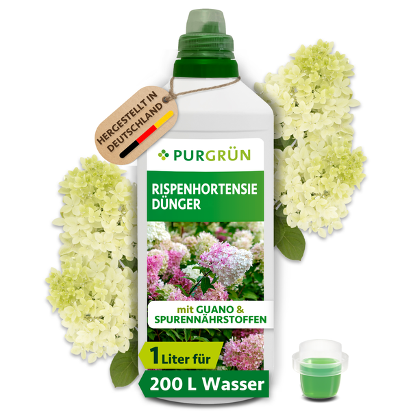 Purgrün Rispenhortensie Dünger mit Guano und Spurennährstoffen in einer 1 Liter Flasche für 200 Liter Gießwasser, hergestellt in Deutschland.